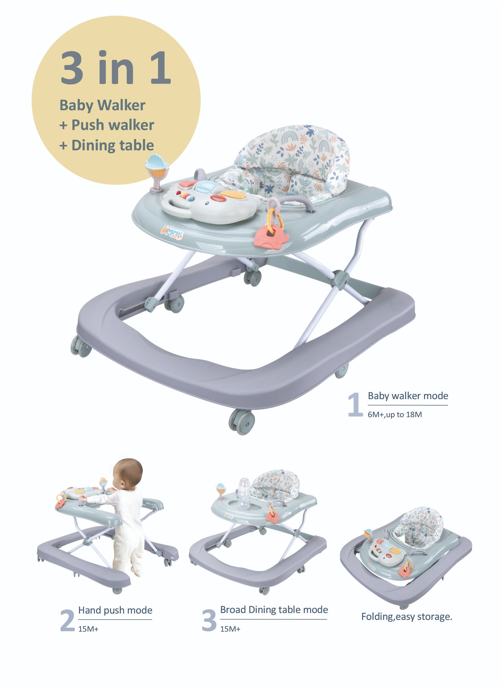 Foldable Baby Walker With Soft Padded Seat Grey 