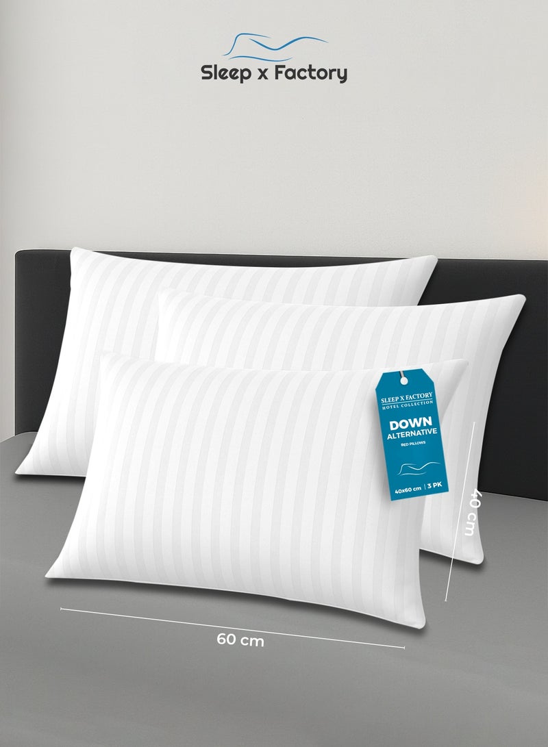 Sleep x Factory White Striped Hotel-Style Pillows – 3-Pack – 60×40 cm – Microfiber Outer Fabric & Filling – Ultra Soft & Supportive - Image 1
