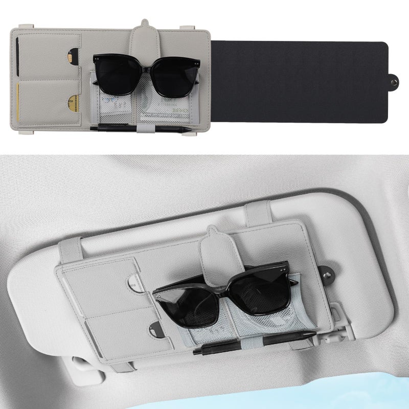 SEG Direct Sun Visor Extender for Car Sun Blocker with Magnetic Sunglass Holder Hanger Clip Ticket Card Organization Pouches Side Sunshade Visor Organizer Accessories Gray