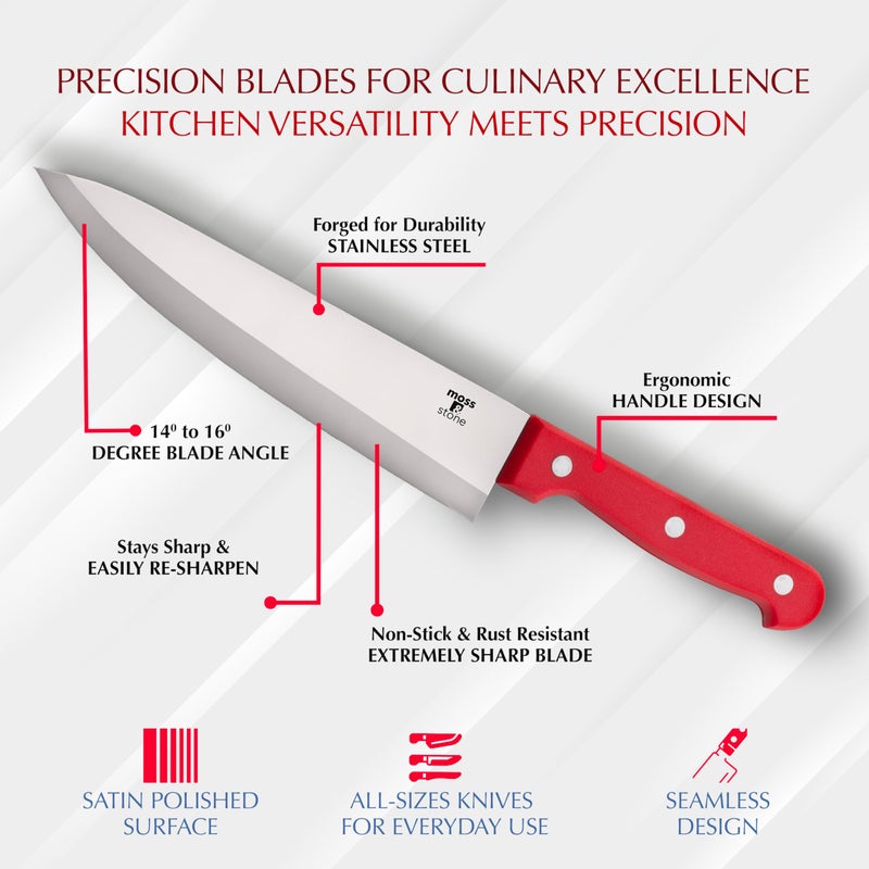 Moss & Stone 14 Pcs Knife Block Set Stainless Steel, Premium Forged Kitchen Knives Set with High-Carbon Blades, Ergonomic Handle, Sharp Blade, Rust Resistant, Modern Style for Home & Chef, Red - Image 2
