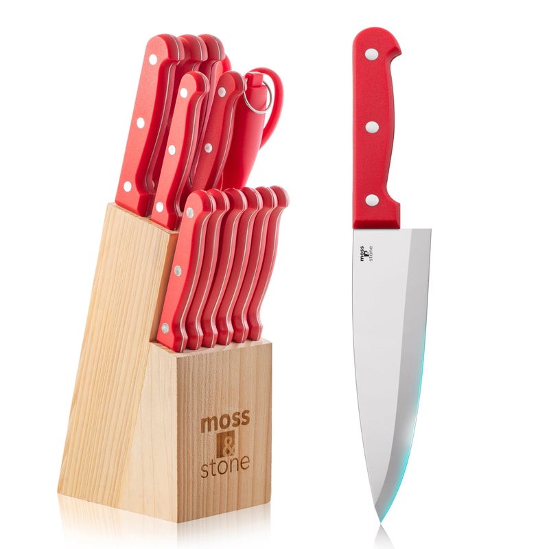 Moss & Stone 14 Pcs Knife Block Set Stainless Steel, Premium Forged Kitchen Knives Set with High-Carbon Blades, Ergonomic Handle, Sharp Blade, Rust Resistant, Modern Style for Home & Chef, Red - Image 1