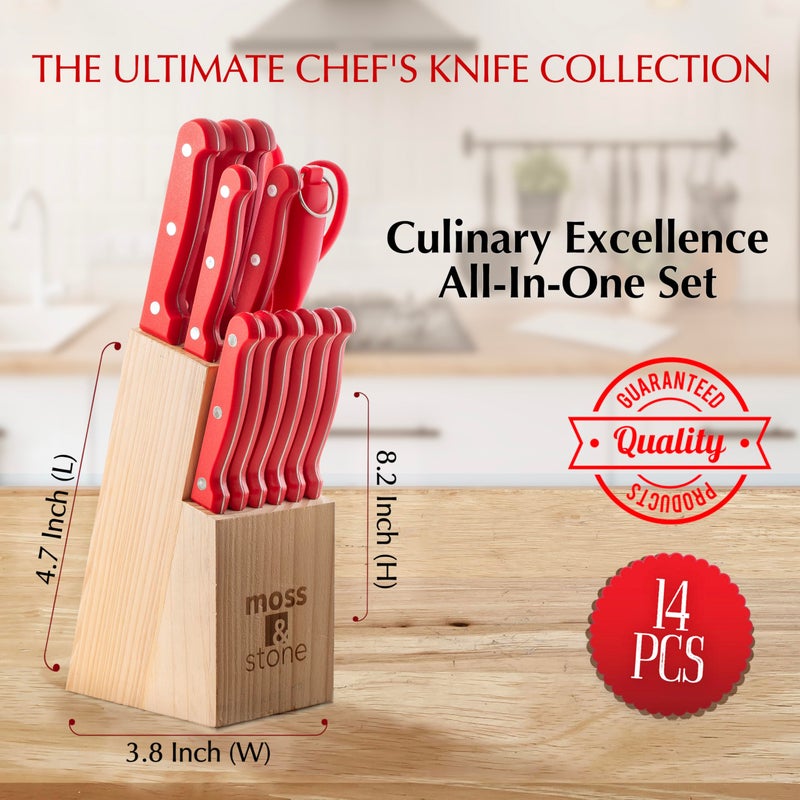 Moss & Stone 14 Pcs Knife Block Set Stainless Steel, Premium Forged Kitchen Knives Set with High-Carbon Blades, Ergonomic Handle, Sharp Blade, Rust Resistant, Modern Style for Home & Chef, Red - Image 5