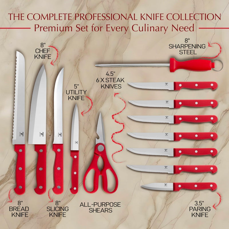 Moss & Stone 14 Pcs Knife Block Set Stainless Steel, Premium Forged Kitchen Knives Set with High-Carbon Blades, Ergonomic Handle, Sharp Blade, Rust Resistant, Modern Style for Home & Chef, Red - Image 3