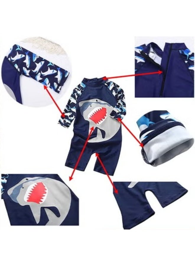 EETU One Piece Swimsuit Set For Baby Toddler,Kids Boys Girls' One-Piece Swimsuits With Hat,Long Sleeves Guard Swimsuit Swimwear,Zipper Bathing Suit Beach Swimwear,UV Sun Protection,Navy Blue Shark - Image 2