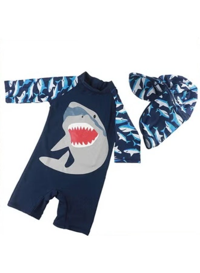 EETU One Piece Swimsuit Set For Baby Toddler,Kids Boys Girls' One-Piece Swimsuits With Hat,Long Sleeves Guard Swimsuit Swimwear,Zipper Bathing Suit Beach Swimwear,UV Sun Protection,Navy Blue Shark - Image 1