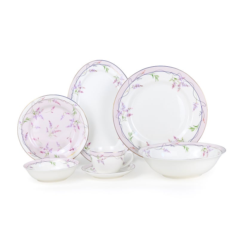 Shallow EIRA 32Pc Bone China Dinner Set, White Pastel Floral Print Dinnerware for Everyday Dining & Hosting | Plates, Bowls, Cups & Serving Set | Perfect for 6 Persons for Ramdan, Christmas - Image 1