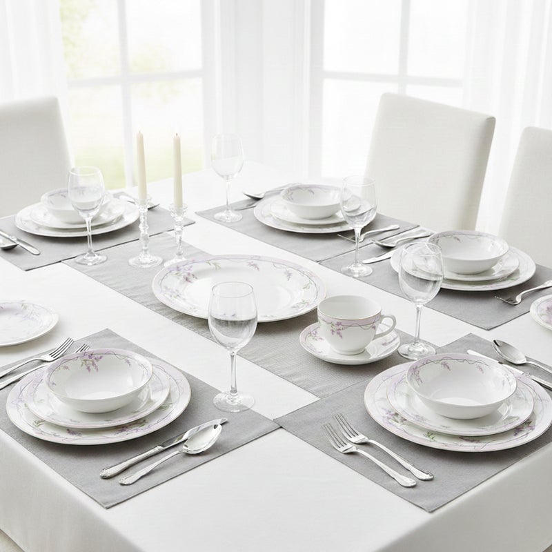 Shallow EIRA 32Pc Bone China Dinner Set, White Pastel Floral Print Dinnerware for Everyday Dining & Hosting | Plates, Bowls, Cups & Serving Set | Perfect for 6 Persons for Ramdan, Christmas - Image 2