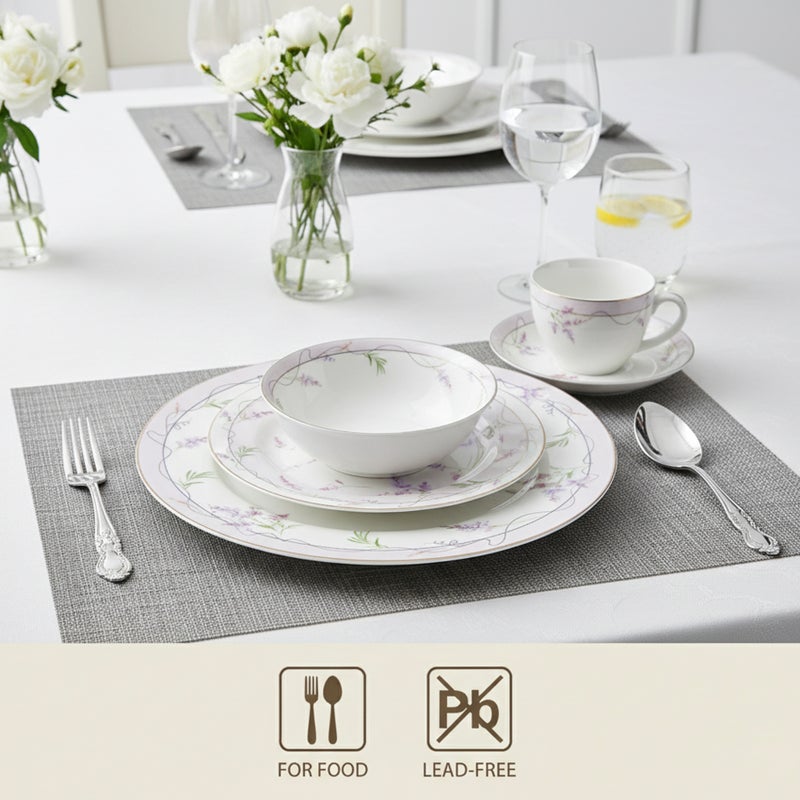 Shallow EIRA 32Pc Bone China Dinner Set, White Pastel Floral Print Dinnerware for Everyday Dining & Hosting | Plates, Bowls, Cups & Serving Set | Perfect for 6 Persons for Ramdan, Christmas - Image 3