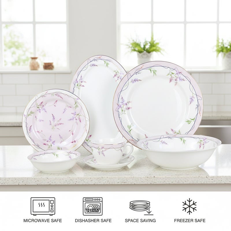 Shallow EIRA 32Pc Bone China Dinner Set, White Pastel Floral Print Dinnerware for Everyday Dining & Hosting | Plates, Bowls, Cups & Serving Set | Perfect for 6 Persons for Ramdan, Christmas - Image 4