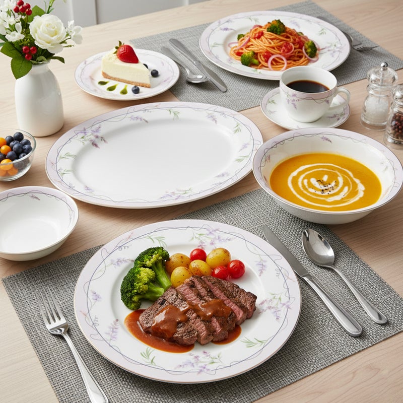 Shallow EIRA 32Pc Bone China Dinner Set, White Pastel Floral Print Dinnerware for Everyday Dining & Hosting | Plates, Bowls, Cups & Serving Set | Perfect for 6 Persons for Ramdan, Christmas - Image 5