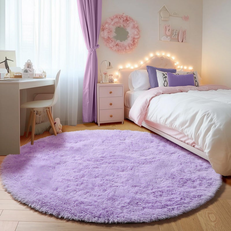 ONASAR Light Purple Round Area Rugs 5ft Soft Bedroom Circle Rug Floor Mats for Kids Girls Teen Cute Fluffy Plush Shaggy Carpet for Nursery Dorm Living Room Playroom Home Decor Princess Castle