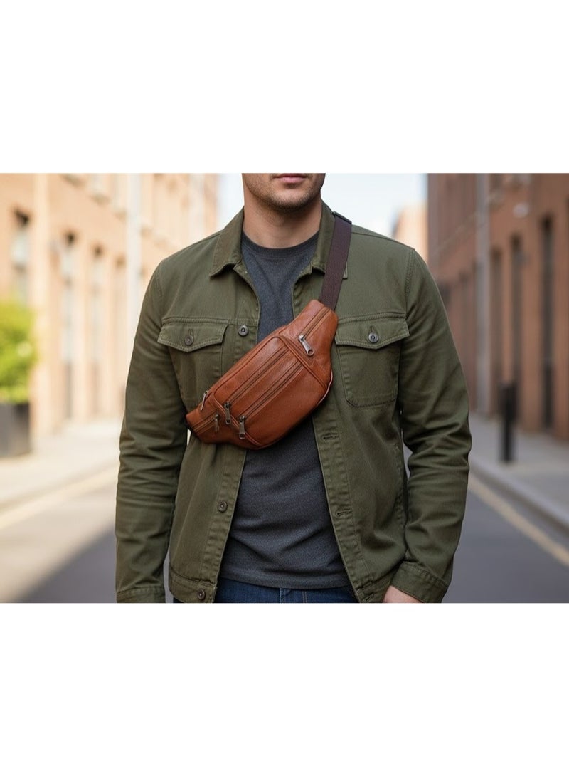 zoba Men's premium genuine leather waist bag with multiple pockets – a practical waist bag with sturdy metal zippers – stylish and lightweight design – ideal for keeping your mobile phone, wallet, and keys secure while out and about, traveling, and on your daily commute.(Havana) - Image 3