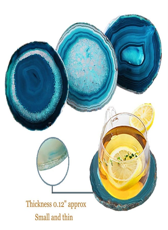 AMOYSTONE Teal Agate Coasters for Drinks - Set of 4 Geode Crystal Quartz Rock Slices With Rubber Bumpers 3-3.5" - Image 2