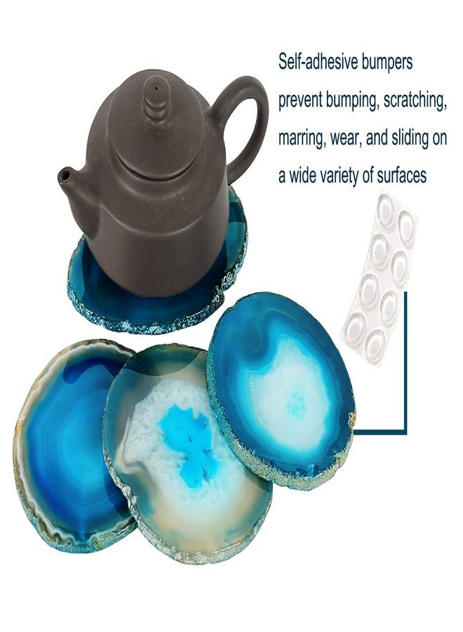 AMOYSTONE Teal Agate Coasters for Drinks - Set of 4 Geode Crystal Quartz Rock Slices With Rubber Bumpers 3-3.5" - Image 4