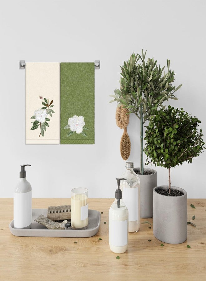 JarThenaAMCS 2 Pack Magnolia Hand Towels Nude Sage Green Flower Embroidered Cotton Dish Towel for Bathroom Hand Drying Kitchen Cleaning, 29.5 x 13.7 Inch - Image 5