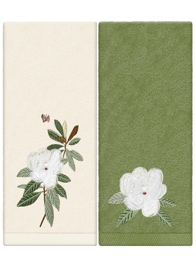 JarThenaAMCS 2 Pack Magnolia Hand Towels Nude Sage Green Flower Embroidered Cotton Dish Towel for Bathroom Hand Drying Kitchen Cleaning, 29.5 x 13.7 Inch - Image 1