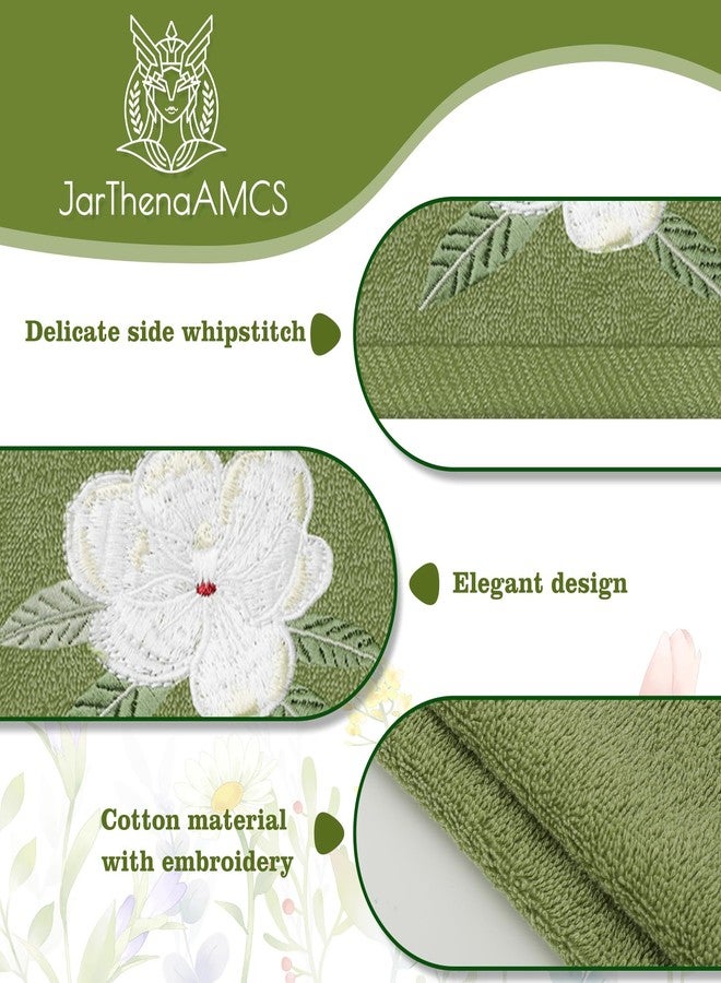 JarThenaAMCS 2 Pack Magnolia Hand Towels Nude Sage Green Flower Embroidered Cotton Dish Towel for Bathroom Hand Drying Kitchen Cleaning, 29.5 x 13.7 Inch - Image 3