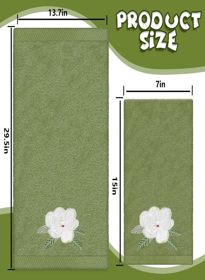 JarThenaAMCS 2 Pack Magnolia Hand Towels Nude Sage Green Flower Embroidered Cotton Dish Towel for Bathroom Hand Drying Kitchen Cleaning, 29.5 x 13.7 Inch - Image 2