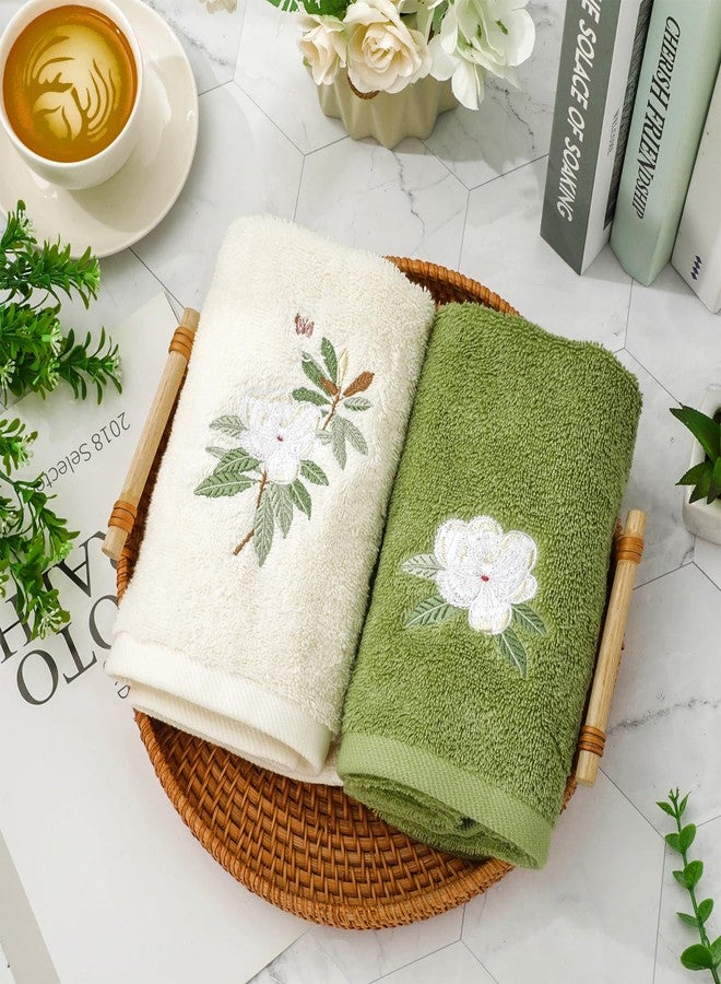 JarThenaAMCS 2 Pack Magnolia Hand Towels Nude Sage Green Flower Embroidered Cotton Dish Towel for Bathroom Hand Drying Kitchen Cleaning, 29.5 x 13.7 Inch - Image 4