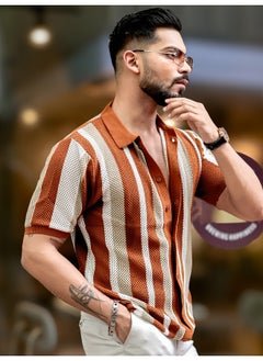Maniac Mens Textured FlatKnit Brown Cotton Slim Fit Shirt  - Image 5