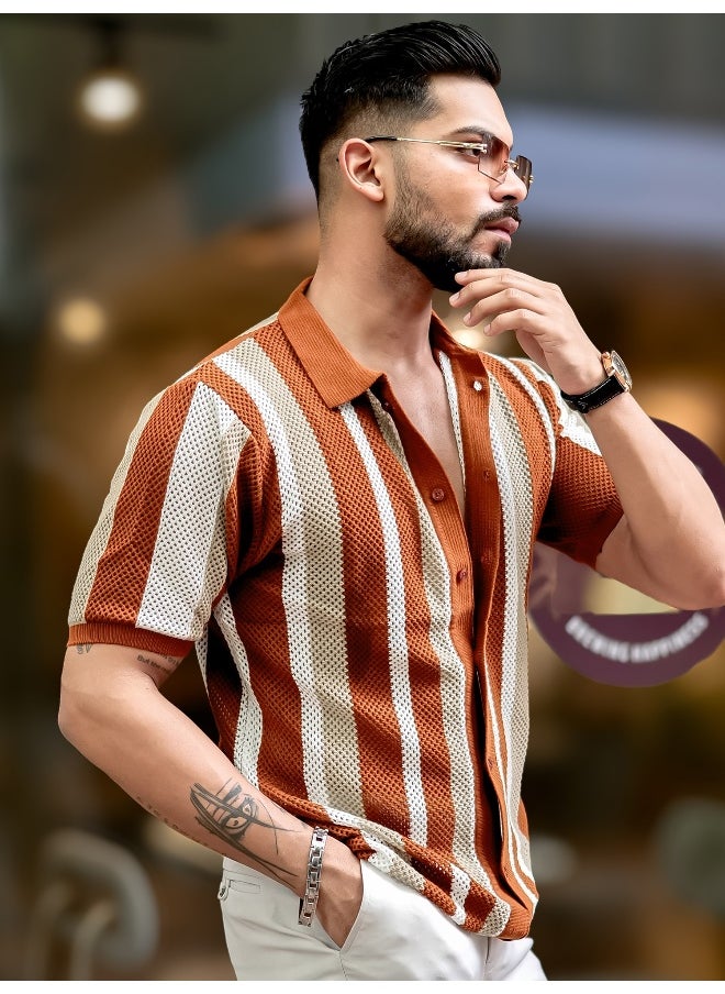 Maniac Mens Textured FlatKnit Brown Cotton Slim Fit Shirt  - Image 5