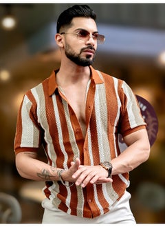 Maniac Mens Textured FlatKnit Brown Cotton Slim Fit Shirt  - Image 3