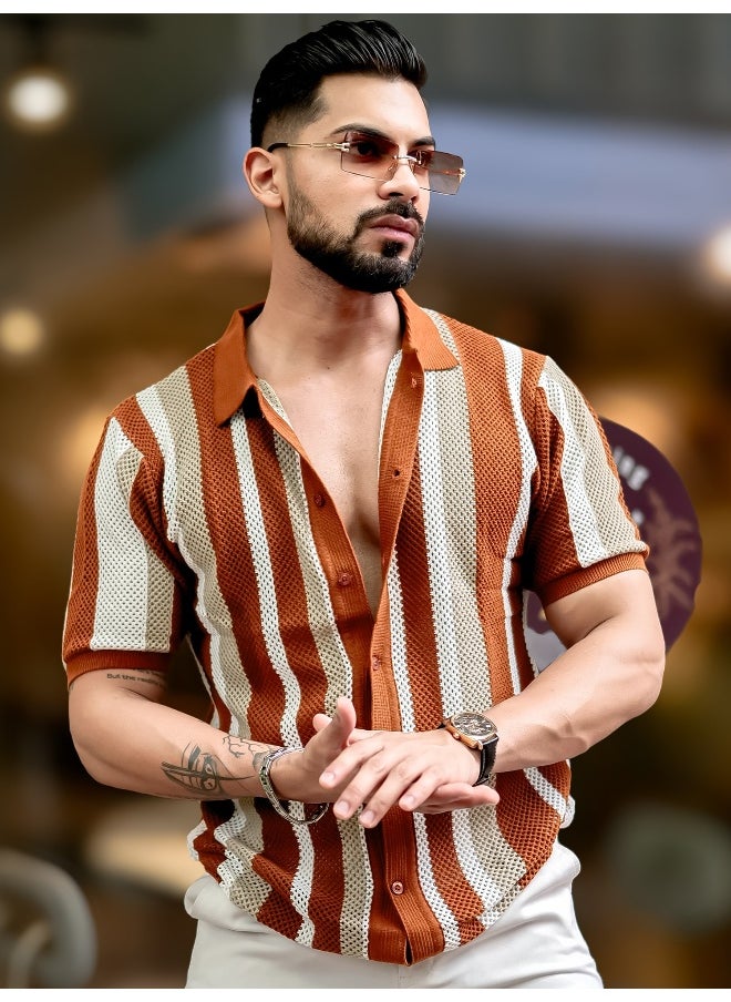 Maniac Mens Textured FlatKnit Brown Cotton Slim Fit Shirt  - Image 3