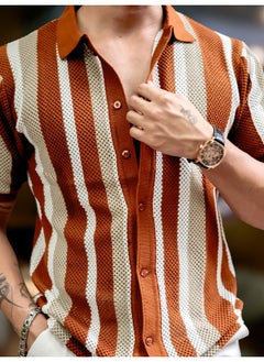 Maniac Mens Textured FlatKnit Brown Cotton Slim Fit Shirt  - Image 4