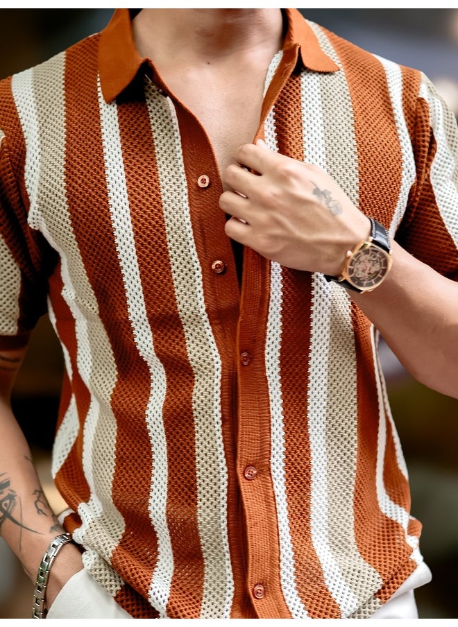 Maniac Mens Textured FlatKnit Brown Cotton Slim Fit Shirt  - Image 4