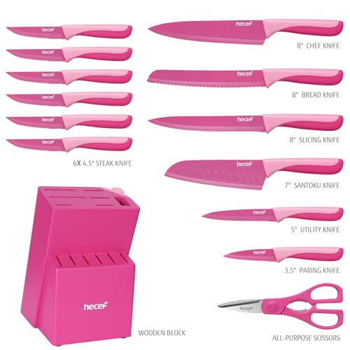 hecef 15 Pieces Kitchen Knife Set with Built-in Sharpening Wooden Block, Dishwasher Safe, High Carbon Stainless Steel Knife Block Set with Steak Knives, Kitchen Scissors, Hot Pink - Image 2