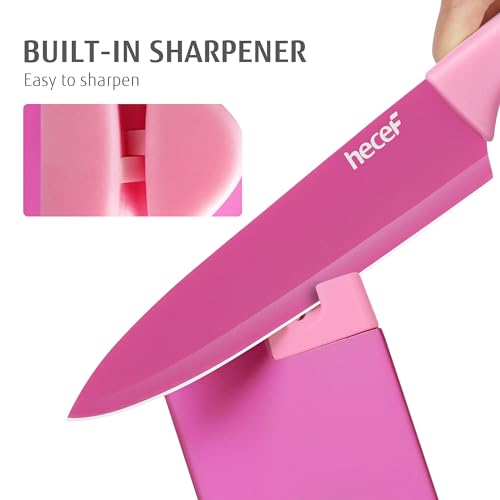 hecef 15 Pieces Kitchen Knife Set with Built-in Sharpening Wooden Block, Dishwasher Safe, High Carbon Stainless Steel Knife Block Set with Steak Knives, Kitchen Scissors, Hot Pink - Image 4