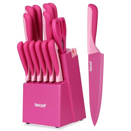 hecef 15 Pieces Kitchen Knife Set with Built-in Sharpening Wooden Block, Dishwasher Safe, High Carbon Stainless Steel Knife Block Set with Steak Knives, Kitchen Scissors, Hot Pink - Image 1