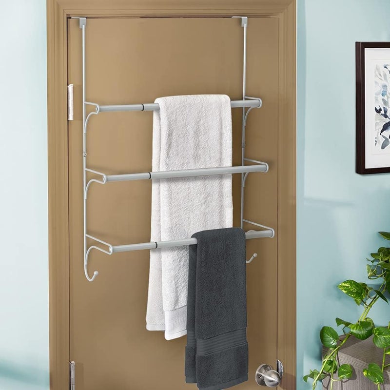 Auledio Adjustable Over The Door Triple Towel Rack with Hooks,Silver - Image 3