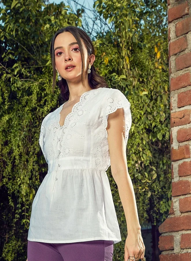 ساسافراس White Schiffli Top With Kimono Sleeves For Women