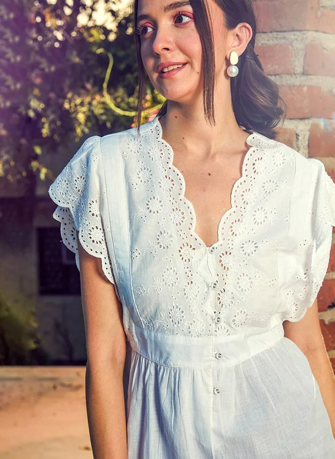 ساسافراس White Schiffli Top With Kimono Sleeves For Women