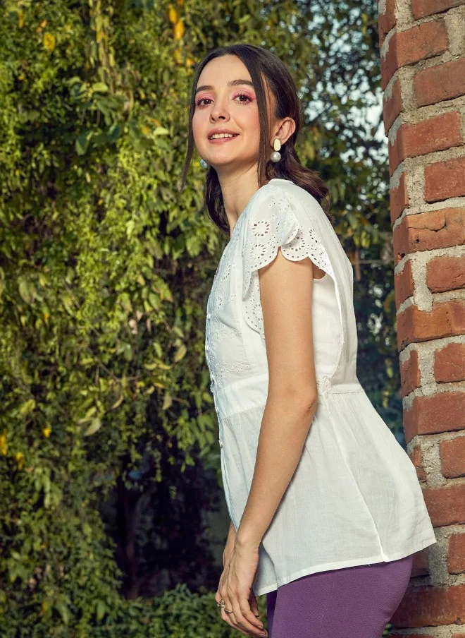 ساسافراس White Schiffli Top With Kimono Sleeves For Women