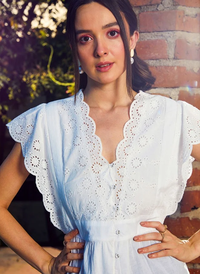 ساسافراس White Schiffli Top With Kimono Sleeves For Women