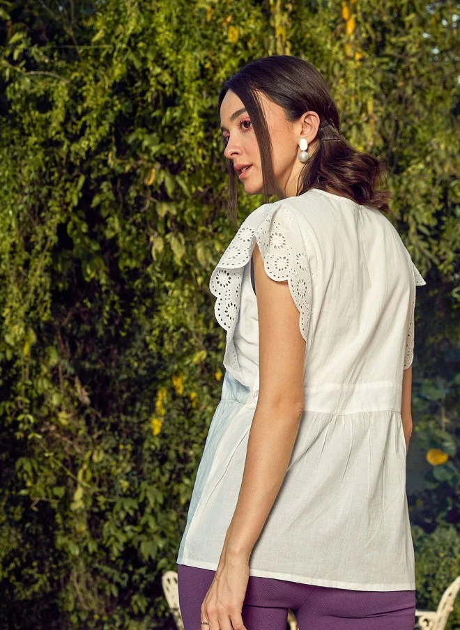 ساسافراس White Schiffli Top With Kimono Sleeves For Women