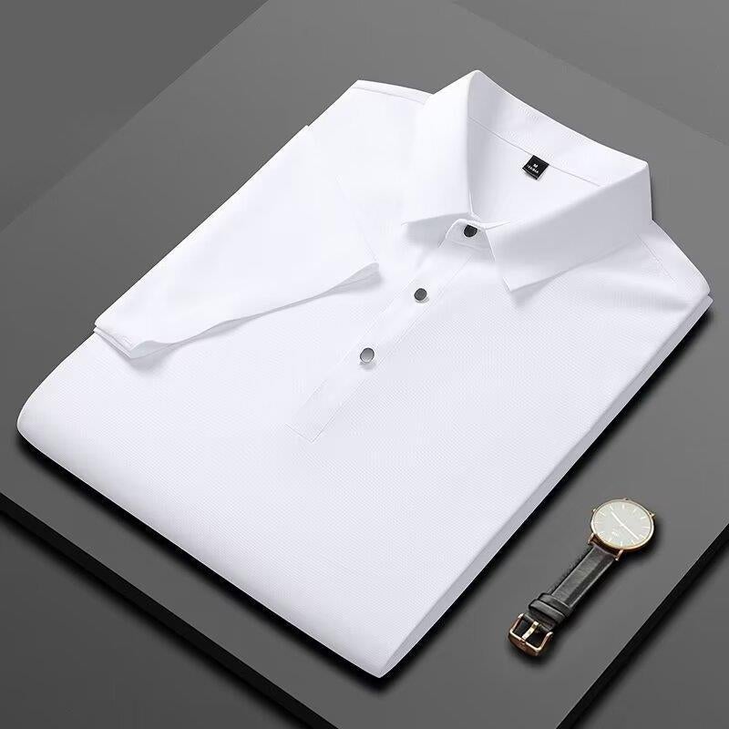 New High-End Mens Ice Silk Short-Sleeved Polo Shirt, Sweat-Absorbent, Breathable, Loose, Casual, Youth Summer Lapel Top White high quality