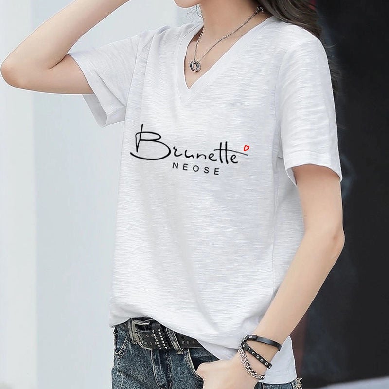 Selling Bamboo Cotton V Neck Women'S Short-Sleeved T-Shirt 2025 Half-Sleeved Korean Style Loose T-Shirt Ins - Image 1