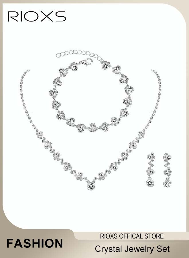 RIOXS 3Pcs Wedding Jewelry Set Crystal Rhinestone Necklace Earrings Bracelet for Women and Girls Silver - Image 1