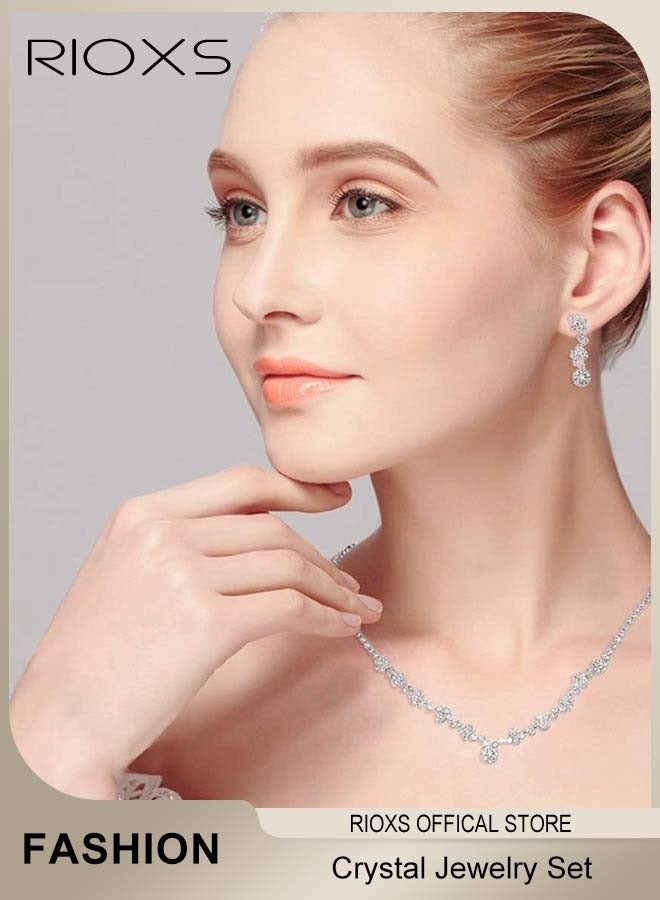 RIOXS 3Pcs Wedding Jewelry Set Crystal Rhinestone Necklace Earrings Bracelet for Women and Girls Silver - Image 2