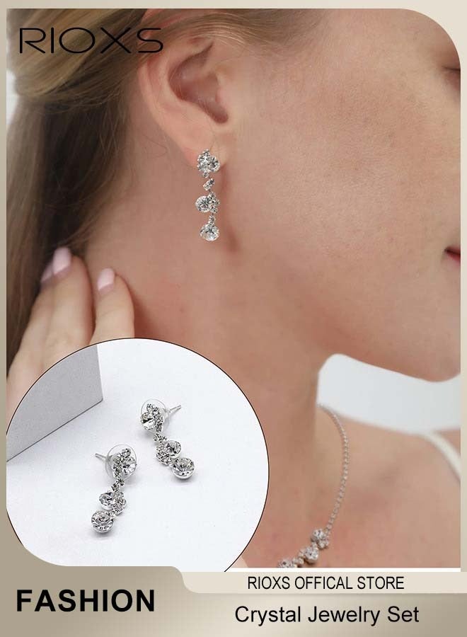RIOXS 3Pcs Wedding Jewelry Set Crystal Rhinestone Necklace Earrings Bracelet for Women and Girls Silver - Image 3