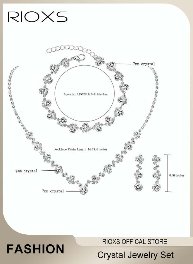 RIOXS 3Pcs Wedding Jewelry Set Crystal Rhinestone Necklace Earrings Bracelet for Women and Girls Silver - Image 4
