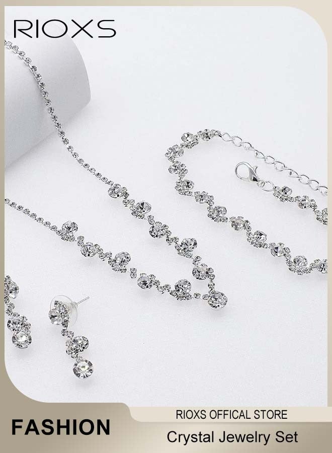 RIOXS 3Pcs Wedding Jewelry Set Crystal Rhinestone Necklace Earrings Bracelet for Women and Girls Silver - Image 5