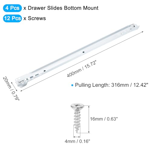 uxcell 1 Pair Drawer Slides 16 Inch Drawer Slide Heavy Duty Side Bottom Mount Drawer Glides Replacement for Cabinet Dresser Drawers - Image 3