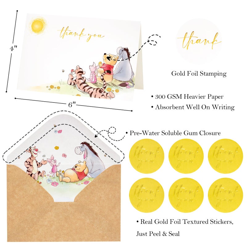 Crisky Gold Foil Winnie the Pooh Thank You Cards with Envelopes and Stickers, 50 Pack Animal Thank You Cards for Baby Showers, Birthdays, Friendsgiving - Image 2