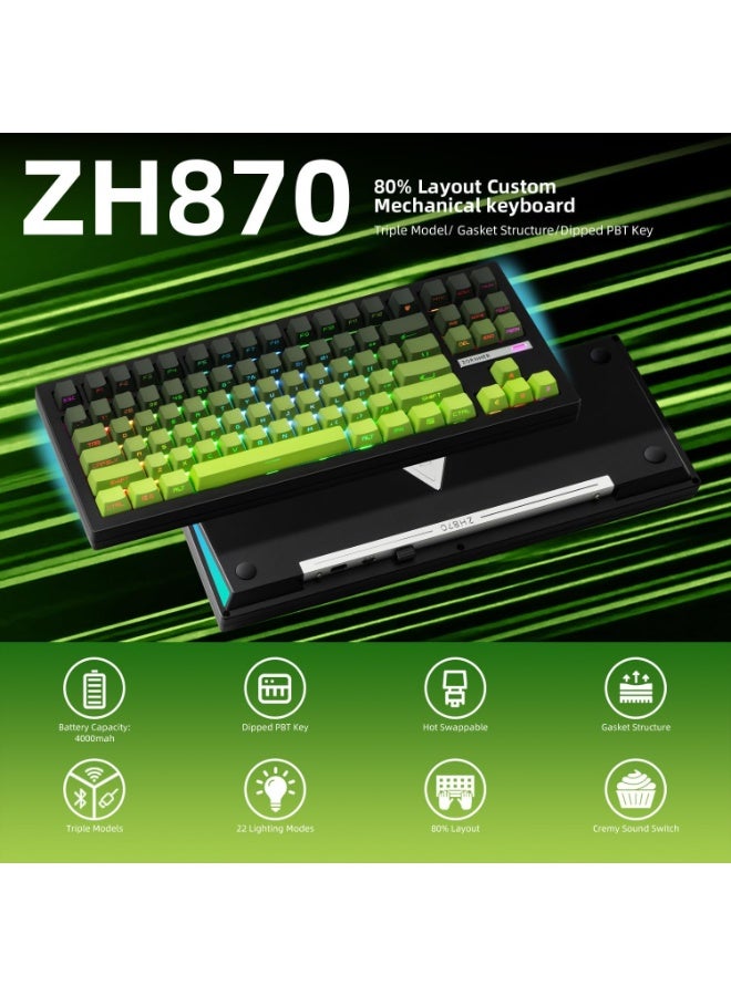 زورنر لوحة مفاتيح ألعاب ميكانيكية لاسلكية ZORNHER ZH870، لوحة مفاتيح مخصصة باللون الأخضر بنسبة 80%، بصوت كريمي مع أغطية مفاتيح لامعة من مادة PBT، ومفاتيح خطية مُزيتة مسبقًا، وقابلة للتبديل السريع، وإضاءة خلفية RGB، و2.4 جيجاهرتز/USB-C/BT5.0 - Image 2