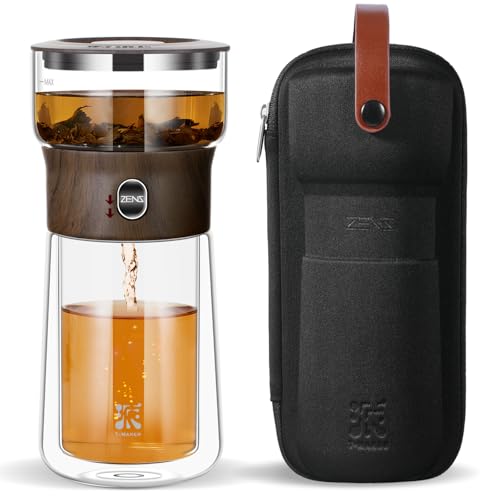 ZENS Modern Glass Infuser Teapot, One Touch Tea Maker for Loose Leaf Tea with Insulated Mug and Portable Case. Enchanted Pot Alternatives for Tea Lover Gifts - Image 1