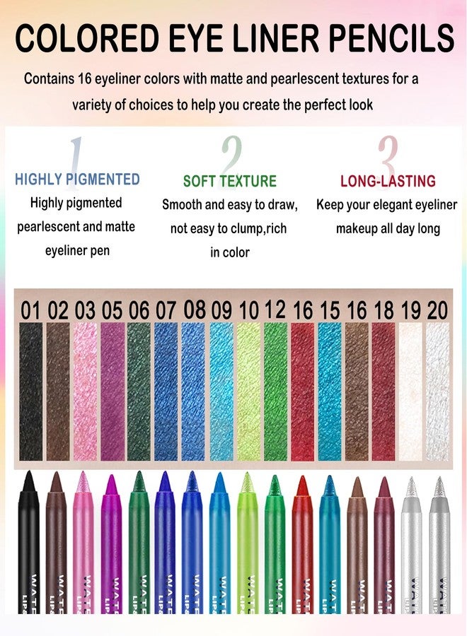 QIUFSSE 16 Colored Eye Liner Pencils for Women,Purple Green Blue Metallic Eyeliner Pen Set,delineador de ojos contra el agua,Multi-Function and Professional Pencil Eyeliner Makeup - Image 4